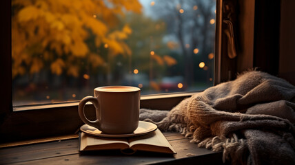 Cup of hot autumn coffee or tea on the window. Living in Hygge style. Hot drink in cold autumn fall...
