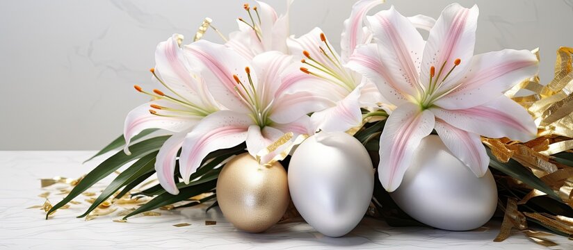 The nest contains pink lily flowers and golden and silver Easter eggs, placed on a bright marble white table background.