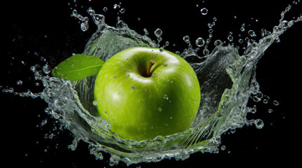 Green apple fresh under water splashing on the isolated background