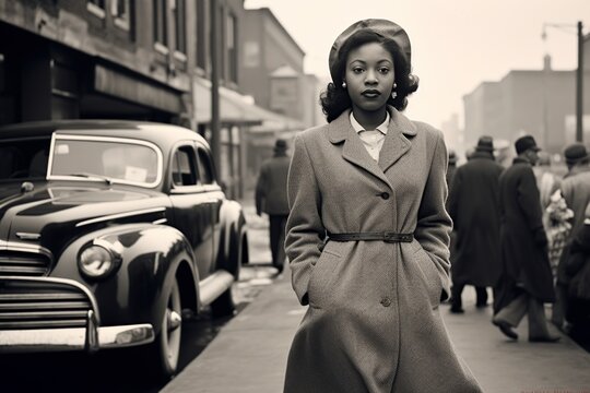 Black Woman Walking For City Detroit In 1950 ,monochromatic