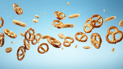 Advertisement studio banner with rye lye savory crackers or pastry pretzel flying in the air on pale blue background. Food ingredient levitation. - obrazy, fototapety, plakaty