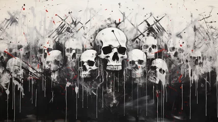 Keuken foto achterwand Aquarel doodshoofd Black and white painting showing skulls and crossbones against on white wall background, in the style of spray paint, grunge skull paint, skull graffiti, generative ai