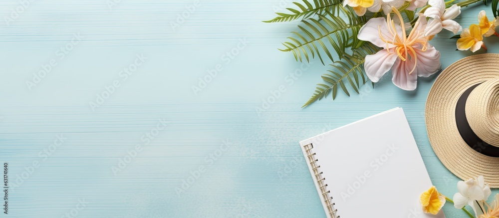 Aufkleber flat lay with copy space featuring a blank writing book with summer beach accessories in the backgro
