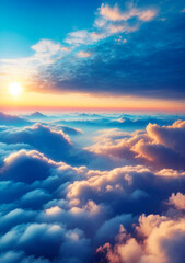 A stunning aerial view above the clouds at sunrise, showcasing a vibrant blue sky. The serene and breathtaking scene captures the beauty and tranquility of the morning sky.