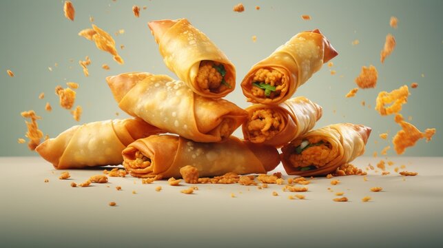 Advertisement studio banner with depp fried summer or spring rolls flying in the air on pastel gradient background.