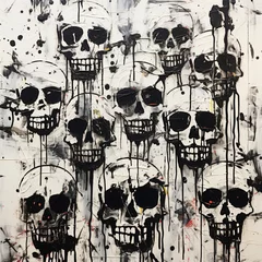 Foto auf Acrylglas Aquarellschädel Black and white painting showing skulls and crossbones against on white wall background, in the style of spray paint, grunge skull paint, skull graffiti, generative ai