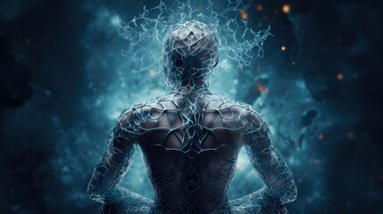 Fototapeta na wymiar Illustration of thought energy . Head of person and neural network of brain with a problematic areas, Psychic waves concept, Generative AI illustration