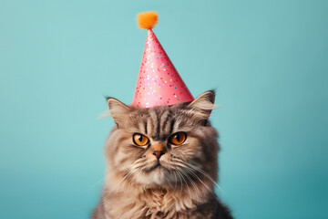 Cat with birthday party hat on pastel blue background