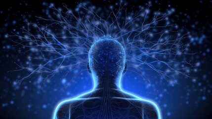Illustration of thought energy . Head of person and neural network of brain with a problematic areas, Psychic waves concept, Generative AI illustration