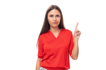 pretty smart caucasian woman with black hair is wearing a red blouse with a halter neckline...