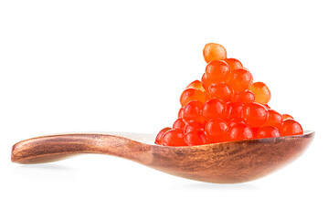 Red salted Salmon caviar in wooden spoon isolated on a white background