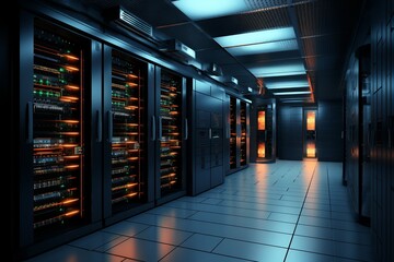 A dark server room with tall industrial looking storage with neon lights, a long endless hallway