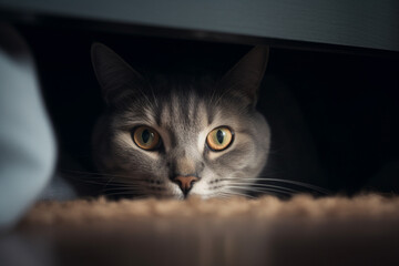 Scared cat hiding under bed. 