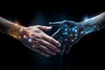 Two human hands shaking as if making a buying deal, with blue and orange digital cyber overlay, black background. Collaboration of robotics and AI with human society. Generative AI technology