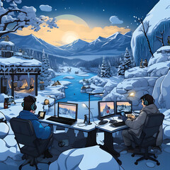 Clipart of employees of gaming companies developing winter Generative AI