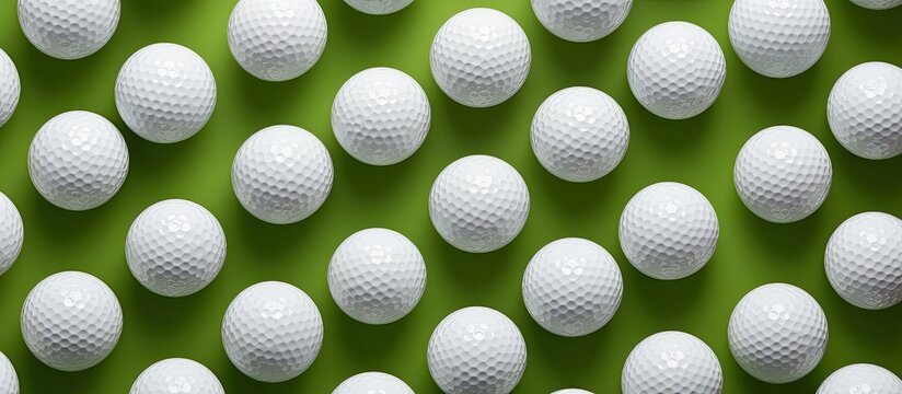 A green background with a group of golf balls and a tee is displayed from a top view, providing ample space for copying.