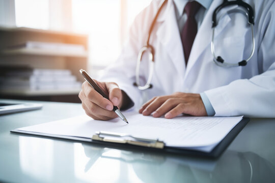Unrecognizable doctor writes medical records on clipboard