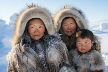 inuit women and children posing outside in the snow - obrazy, fototapety, plakaty