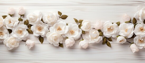 Fototapeta na wymiar A white wooden textured background adorned with almond-colored rose flowers is seen from above.