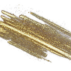 Gold paint brush smear stroke. Abstract gold glittering textured stain on transparent background. PNG