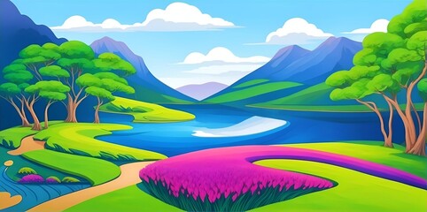 Fototapeta na wymiar Fantasy landscape. River flow. AI generated illustration