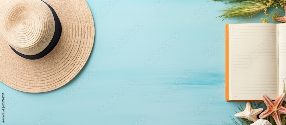 Poster a writing book with summer beach accessories is placed on a background and has copy space. is a flat