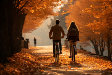 couple riding bicycles on a path covered in fallen leaves, enjoying a romantic autumn ride Generative AI