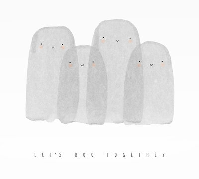 Cute Hand Drawn Halloween Illustration with Group of Little  Ghosts on a White Background. Let's Boo Together. Happy Halloween. Hand Painted Art with Kawaii Style Ghosts ideal for Card, Poster,Banner.