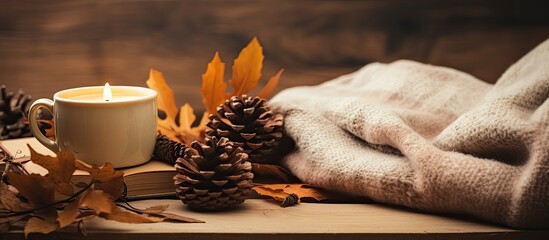 A comfortable arrangement with a soft patterned blanket and a cup of coffee. The atmosphere is reminiscent of autumn or winter, with the warmth of a blanket, coffee, books, and pine cones.