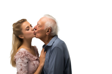 Beautiful young woman kissing an older man. Concept of age gab love or gold digging. Isolated on white background.