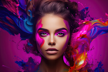 Close up of a beautiful young woman with paint makeup in her face. Concept image on makeup industry. Generative AI.