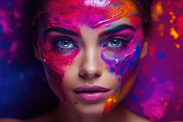 Close up of a beautiful young woman with paint makeup in her face. Concept image on makeup industry. Generative AI.