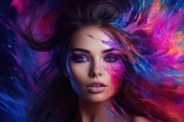 Fototapeta premium Close up of a beautiful young woman with paint makeup in her face. Concept image on makeup industry. Generative AI.