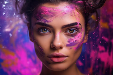 Close up of a beautiful young woman with paint makeup in her face. Concept image on makeup industry. Generative AI.