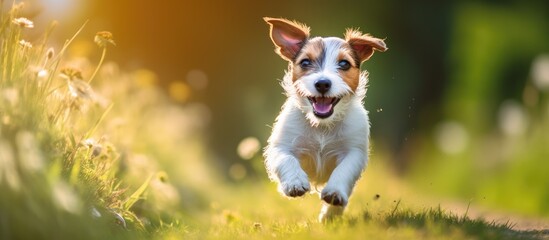 Happy and energetic Jack Russell pet dog puppy running in the grass during the summer. This web banner has copy space.