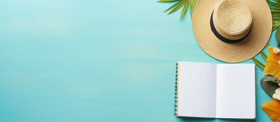 A blank writing book featuring summer beach accessories is placed on a background with copy space. is taken from a flat lay perspective.