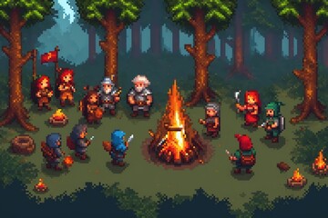 Pixel game scene with pixelated characters and fire.
