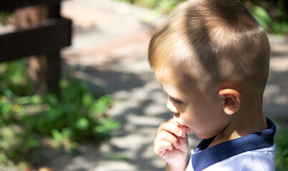 boy eating potato chips Selective focus.