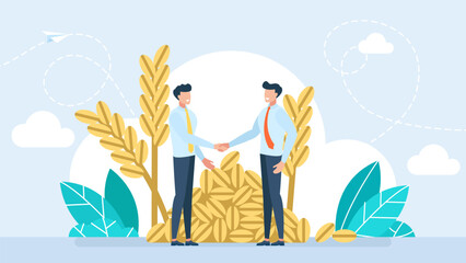Businessmen shake hands. Meeting business transaction of sale crops. Conclusion of the agreement. Grain deal. Buy grain. Agricultural income concept. Exchange deal. Agribusiness. Vector illustration