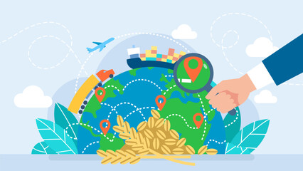 Searching for ways to transport grain. The concept of harvest, export, import. Planet earth and transport. Global logistics network, logistic import export and transport. Flat vector illustration - obrazy, fototapety, plakaty