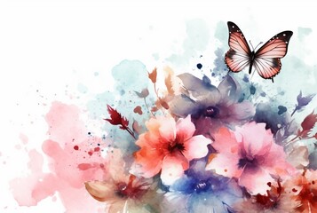 Fototapeta premium Beatiful Butterfly with flowers,watercolor drawing. generative ai