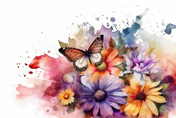 Beatiful Butterfly with flowers,watercolor drawing. generative ai