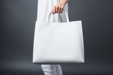 Fototapeta na wymiar Unrecognizable girl carrying white tote bag over studio background, Panorama