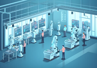 Robots and assembly line with workers. Smart Factory