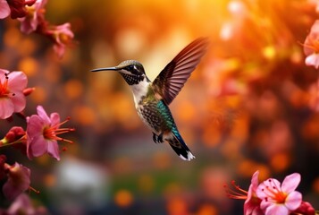 Fototapeta premium Humming bird hovering over colorful, pollen filled flowers. Generative AI