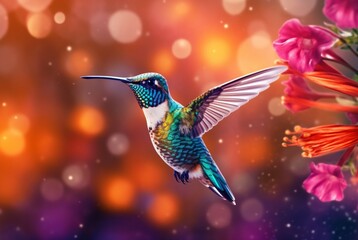 Humming bird hovering over colorful, pollen filled flowers. Generative AI