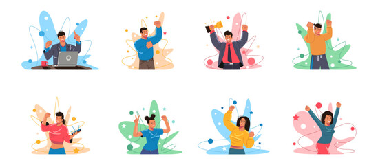 Fototapeta premium Winner people, celebrate triumph. Happy smiling men and women. Business and sport achievement, champion win, victory group, leader hold gold goblet. Vector cartoon illustration