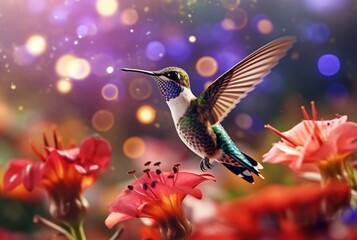 Fototapeta premium Humming bird hovering over colorful, pollen filled flowers. Generative AI