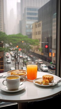 Fr&uuml;hst&uuml;ck mit Orangensaft und Kaffee - Blick aus Fenster in New York City