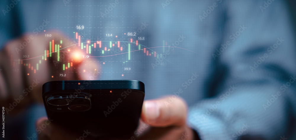 Aufkleber businessman touching on smartphone with stock market graph chart and increasing arrow for investor a